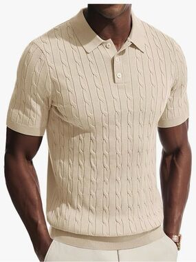 Men's Short-Sleeve Cable Knit Polo Shirt in Cream